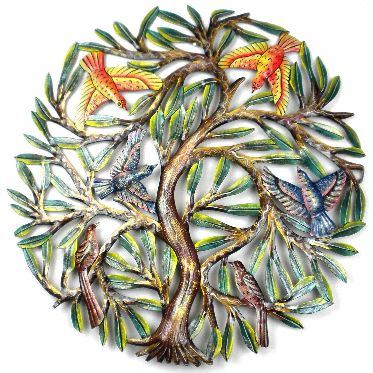 Multi-Color Upcycled Steel Painted Tree with Birds Metal Wall Art